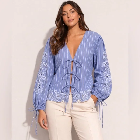 Future Collective Blue & White Eyelet Tie-Front Blouse | NWT | Size 1X - Picture 8 of 8